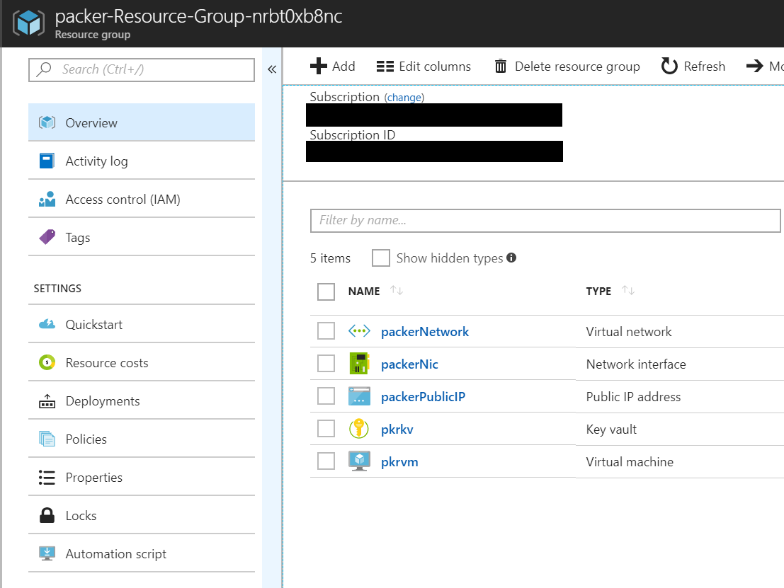 Packer resource group in Azure screenshot